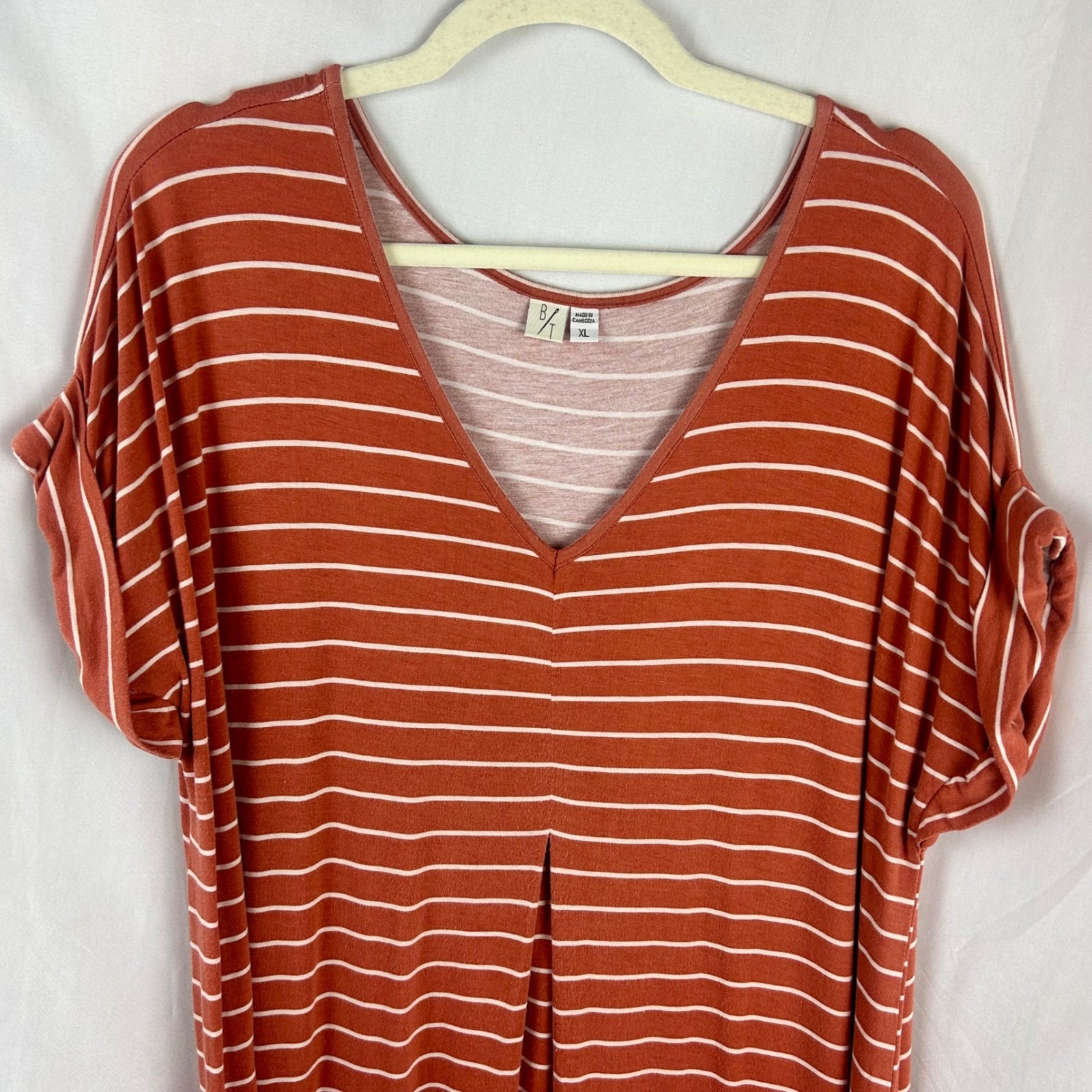 Bytavi B/T Women Xl Orange Stripe V Neck Knee Length Dress Short Sleeve Stretch — image 3 of 8
